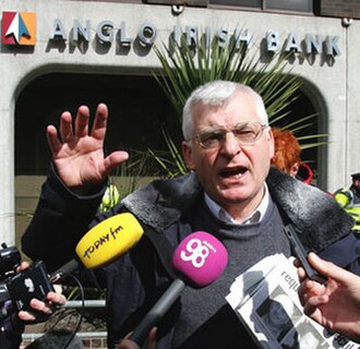 Joe Higgins, MEP speaking outside Anglo Irish Bank during a protest against the bank bailout in 2010