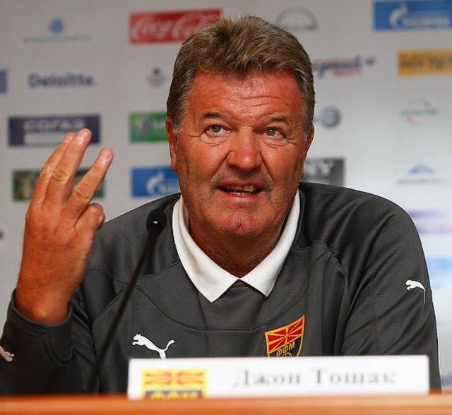 Toshack, as Macedonia manager, at a press conference in 2011