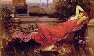 Ariadne (1898) by the pre-Raphaelite John William Waterhouse: the sleeping red-gowned Ariadne is surrounded by roses, with the sailing background implying both the departure of Theseus and the advent of Dionysus, foreshadowed by his leopards John William Waterhouse Ariadne.jpg