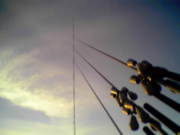 Closeup of anchor end of three guy-wires used to support the KVLY-TV mast in North Dakota, the tallest guyed mast in the world. Each guy is one member