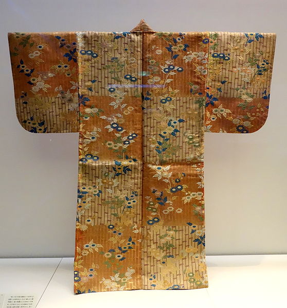 Karaori garment, Edo period, 18th century, bamboo and chrysanthemum design on red and white checkered ground