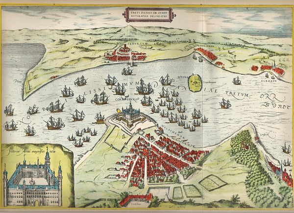 The Danish castles of Helsingborg (top)and Helsingør (bottom) at the narrowest part of Öresund (depicted in the 1500s).