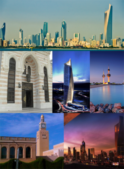Kuvajtské mrakodrapy, mešita Al Salihya, věž Al Hamra, Kuvajtské věže. palác Seif, západ slunce nad Kuvajtem