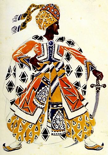 Een ontwerp met zware decoratie, een tulband en oriëntaalse slippers (Bakst, 1911)