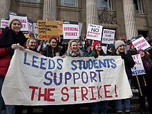 Leeds University students supporting the 2018 USS Pension Strikes on International Women's Day Leeds University students supporting the 2018 USS Pension Strikes.jpg