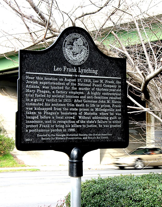 Historical marker where Frank was hanged. The marker mentions Frank's posthumous pardon in 1986.