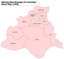 A map showing the wards of Lewisham Metropolitan Borough as they appeared in 1916. Lewisham Met. B Ward Map 1916.svg