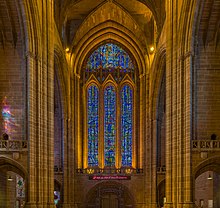 The cathedral's west window by Carl Johannes Edwards. The uppermost window is the Benedicite window. The pink neon sign by Tracey Emin reads "I felt you and I knew you loved me" and was installed in 2008 when Liverpool became European Capital of Culture. Liverpool Anglican Cathedral West Window, Liverpool, UK - Diliff.jpg