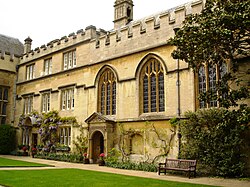 The Principal's lodgings (left) and the chapel (right) are located within the First Quad of Jesus College. Lodgings and chapel, Jesus College.jpg