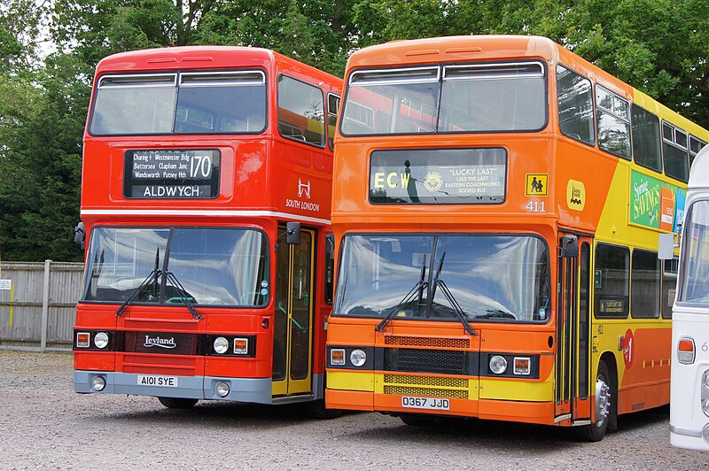 File:London Transport bus L1 (A101 SYE) & Blackpool Transport bus 411 (D367 JJD), 2012 East Anglia Transport Museum bus rally.jpg