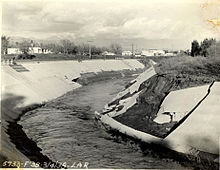 Damage to the concrete channel at Tujunga Wash Los Angeles River - flood of 1938 - confluence of Tujunga Wash and LA River (SPCOL27).jpg