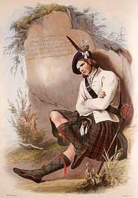 A romanticised Victorian-era illustration of a MacDonald of Glencoe clansman by R. R. McIan from The Clans of the Scottish Highlands published in 1845.