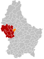 Комуна Віхтен (помаранчевий), кантон Реданж (темно-червоний) та округ Дікірх (темно-сірий) на карті Люксембургу