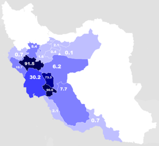 Mappa dei Lur che abitano le province dell'Iran, secondo il censimento del 2010