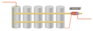A سلسلة من خمس رنانات أسطوانية عمودية. تتصل هذه الرنانات ببعضها عن طريق قضيبين أفقيين ملتحقين بنفس الجانب من الرنانات. مُبدِّل المدخلات من النوع الموضح في الشكل 4ج، ومُبدِّل المخرجات من النوع الموضح في الشكل 4أ. وهذا المُبدِّل الأخير له مغناطيس انحياز صغير مجاور.