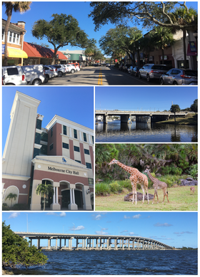 Top, left to right: Downtown Melbourne, Melbourne City Hall, Crane Creek, Brevard Zoo, Melbourne Causeway