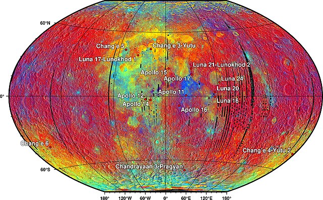 Landing sites of sample return and rover missions superimposed on lithology (Clementine UVVIS). Red: old lunar highlands. Blue: young lunar highlands.