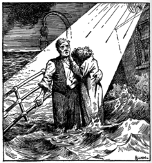 Cartoon depicting a man standing with a woman, who is hiding her head on his shoulder, on the deck of a ship awash with water. A beam of light is shown coming down from heaven to illuminate the couple. Behind them is an empty davit.