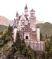 Ludwig II of Bavaria built a fairy-tale castle at Neuschwanstein in 1868 (later appropriated by Walt Disney) as a symbolic merger of art and politics. (Photochrom from the 1890s) Neuschwanstein Castle Cropped frm PC.jpg