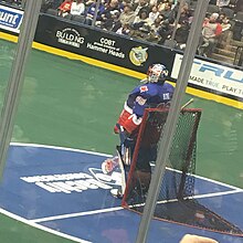 Rose in net for the Rock during a game against the Vancouver Warriors in 2020 Nick Rose 2020.jpg