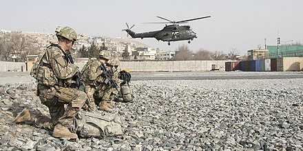 US, British and Afghan security forces train together in an aerial reaction force exercise at Camp Qargha in Kabul, 16 January 2018.