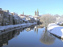 Snow is common in Omagh during the winter months. Shown here is the River Strule.