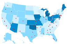 Geographic distribution of osteopathic physicians as a percentage of all physicians, by the state. Locations of osteopathic medical schools are in red.      <3%      3-5%      5-10%      10-15%      15-25% Osteopathic distribution US2.PNG