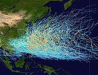 Tracks of all tropical cyclones in the northernwestern Pacific Ocean between 1980 and 2005. The vertical line to the right is the Prime Antimeridian, which corresponds in part to the International Date Line. Pacific typhoon tracks 1980-2005.jpg