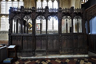 Parclose screen, as specified in the will of Thomas Spring (d. 1523) ParcloseScreen (entrance) ThomasSpring Died1523 LavenhamChurch Suffolk.jpg