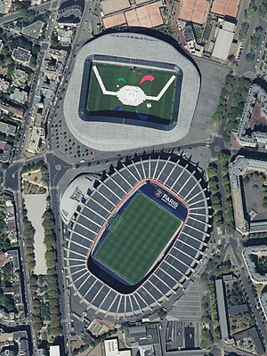 The current Parc des Princes seen from above. The neighboring facility is Stade Jean-Bouin (Paris).
