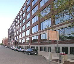 A brick and glass office building