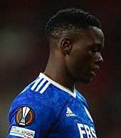 Daka playing for Leicester City in 2021 Patson Daka vs Spartak Moscow 2021 (cropped).jpg