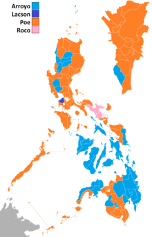 According to NAMFREL results, Poe won in five provinces: Sultan Kudarat, Sulu, Tawi-Tawi, Basilan and Lanao del Sur, which were won by Arroyo in the official congressional canvass. Meanwhile, Arroyo won in Davao del Norte, which was won by Poe in the official congressional canvass. Ph elections president 2004 namfrel.png