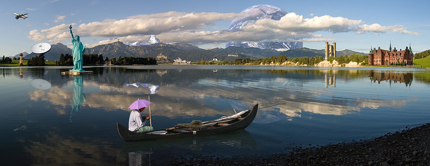 Photomontage of 16 photos which have been digitally manipulated in Photoshop to give the impression that it is a real landscape.