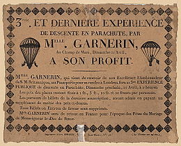 Élisa Garnerin'in Champ-de-Mars'ta üçüncü halka açık paraşütle atlamasını açıklayan poster.  Bu üçüncü atlayışın tarihi kuşkusuz 21 Nisan 1816 Pazar, çünkü 17 Haziran 1816'da Notre-Dame de Paris'te Napolili Marie-Caroline ile evlenen Berry Dükü'nün düğün ziyafetlerinden söz ediliyor.