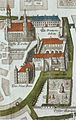 Stuttgart, Stadtplan der Residenzmitte von 1738/1739, Kupferstich von 1738/1739. Im Uhrzeigersinn: Stiftskirche, Prinzenbau, Altes Schloss, Neuer Bau.