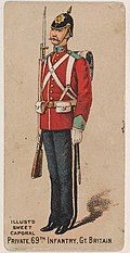 A private of the 69th Regiment of Foot in about 1880, wearing the home service uniform worn until 1902. Private, 69th Infantry, Great Britain, from the Military Series (N224) issued by Kinney Tobacco Company to promote Sweet Caporal Cigarettes MET DPB874232.jpg