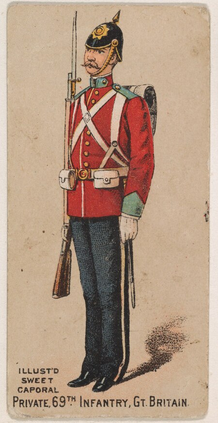 A private of the 69th Regiment of Foot in about 1880, wearing the home service uniform worn until 1902.
