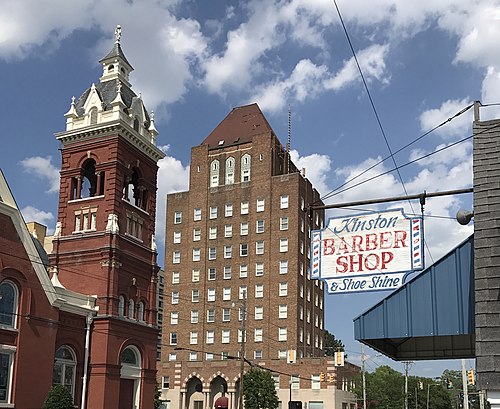 Queen Street United Methodist Church (left) and the Hotel Kinston (center) in Kinston