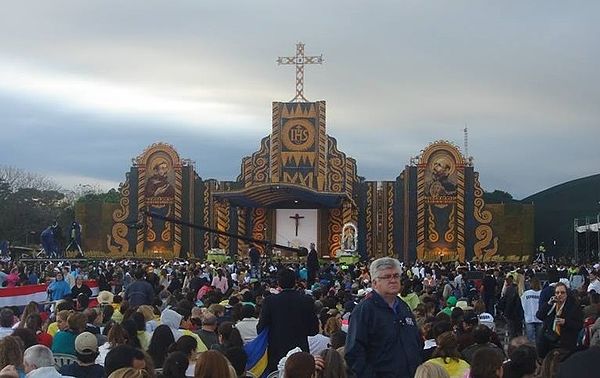 The main altarpiece made of maize, calabaza and coconut, especially for the 2015 visit by Pope Francis to Paraguay, in Luque