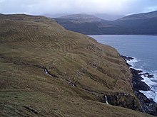 The remains of old run rig strips beside Loch Eynort, Isle of Skye. Run rig was the pre-clearance method of arable farming before agricultural improvements were introduced. Runrigs - geograph.org.uk - 308174.jpg