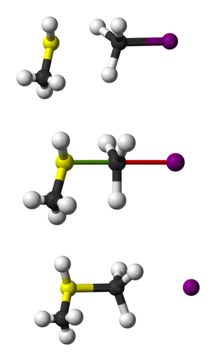 Ball-and-stick representation of the SN2 reaction of CH3SH with CH3I yielding dimethylsulfonium. Note that the attacking group attacks from the backside of the leaving group