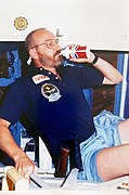 STS-51F payload specialist Loren Acton evaluates a Pepsi space soda