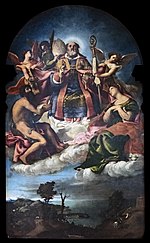 Santa Maria dei Carmini (Venice) - Saint Nicholas in Glory with Saints John the Baptist and Lucy by Lorenzo Lotto.jpg