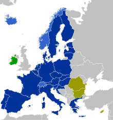 The Czech Republic is part of the European Single Market and the Schengen Area (dark and light blue on the map above), but uses its own currency, the Czech koruna. Schengenzone.svg