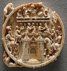 The Assault on the Castle of Love, attacked by knights and defended by ladies, was a popular subject for Gothic ivory mirror-cases. Paris, 14th century. Siege castle love Louvre OA6933.jpg