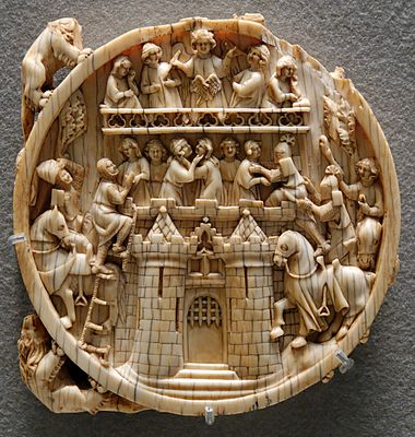 Siege of the Castle of Love on a mirror-case in the Louvre, 1350–1370; the ladies are losing.