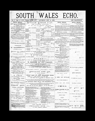 6 November 1880, South Wales Echo, front page, earliest surviving copy