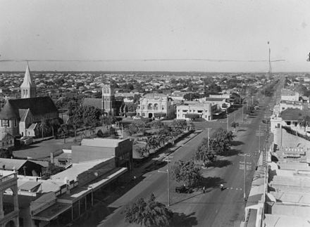 Weeping figs, 1954 StateLibQld 2 393837 Looking west from Post Office tower at Bourbong Street, Bundaberg, 1954.jpg