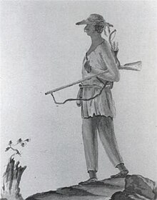 1778 drawing showing a Stockbridge Mohican Indian patriot soldier with the Stockbridge Militia in Stockbridge, Massachusetts, taken from Hessian officer Johann Von Ewald's war diary Stockbridge 1778.jpg